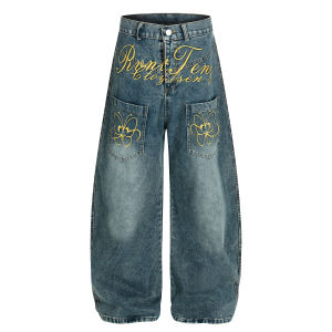 American Style Retro High Street Spicy Girl Embroidered Letter Wide Leg Jeans Women Loose Slimming Casual Pants