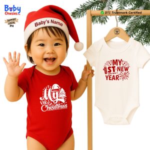 Christmas Baby Onesie with Personalized Santa Hat | My First Christmas & NewYear Bodysuit 0-12M