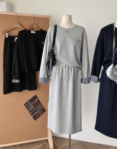 Meat Ree Casual Sweatshirt Outfit Womens Autumn and Winter Stitching Gingham Embroider Tops Long Slit Drawstring Skirt