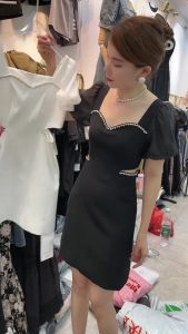 Fashionable Short-Sleeved Square-necked Womens Dress 2023 Summer New Arrival Stylish Korean Version Prom Gown