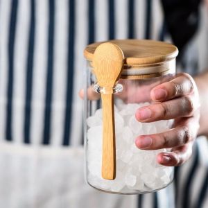 Toples Bumbu Dapur Bahan Kaca Tutup Kayu/ Botol Penyimpanan Bumbu Bentuk Tabung Serbaguna