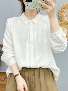 French Artistic Style Long Sleeve Womens Shirt Lace Trim Soft Skin-friendly Breathable Double Layer Cotton Gauze Top