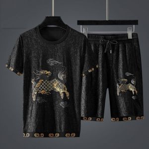 Luxurious Menswear Fenglin Embroidery Sports Suit Summer Versatile Loose Casual Two-Piece Set for Young Men Short Sleeve T-Shirt Five-Quarter Pants Polyester Fabric