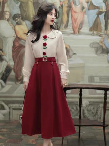 Fall and Winter Fancy Temperament Hong Kong Style Retro Anti-Aging Peter Pan Collar Blouse Western Style Red Skirt Two-piece Set Womens Clothing