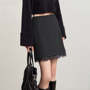 AMII | Minimalist Close-fitting Short Wool-blend Flannel Skirt with Lace