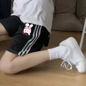 Girls Cotton Short Pants Summer Outfit Childrens Sporty Thin Outerwear Cartoon Print mid Waist Four-Way Stretch Kids Trousers