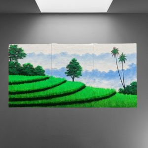 Lukisan Kanvas Canvas Hiasan Pajangan Dekorasi Dinding Ruang Tamu dan Rumah Motif Pemandangan Sawah Hijau 1set Ukuran 90x40cm