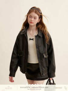 Kroche Romantic Paris Eco-Leather Vintage Rose Buckle Color Rubbing Leather Jacket Short Skirt Set Womens Fashion Ensemble