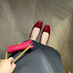 Elegant Red Wine Color Plain Shoes Womens Fashionable Ballet Flats Spring Autumn Painted Leather Flat Bottom Butterfly Knot