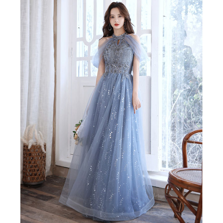 EAGLELY High End Blue Long Evening Dress For Women Banquet Elegant
