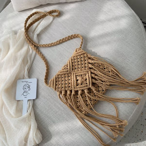Bohemian Tassel Grass Woven Bag Single Shoulder Slant Cross Beach Vacation Beach Sand New Style Functional Small Bag Mobile Phone Bag