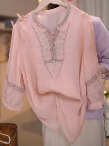 Shalldoer | เสื้อยืดแขนสั้นคอวีสีชมพูหวานๆ สำหรับผู้หญิง ทรงหลวมๆ สไตล์ลำลอง ฤดูร้อน 2025 เสื้อตัวบนคอวีแบบใหม่