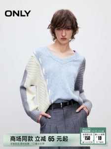 Only2025 Winter New Loose Shoulder V-neck Color Block Knitted Sweater Womens Comfortable Midweight Long Sleeve Crew Neck