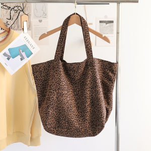 Casual Japanese Canvas Tote Bag Women Large Capacity Flocking Cloth Leopard Print Underarm Bag Retro Versatile Handbag