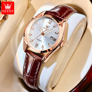 【Produk asli impor asli Korea】OLEVS jam tangan wanita elegan mewah terbaru 2023 mode berlian dial tali kulit asli jam tangan wanita anti air