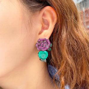 SEQUITO เครื่องประดับวินเทจที่ทันสมัยสีแดงกุหลาบชุบทองสีดำเต็มปูไมโครเพชรสังเคราะห์ตุ้มหูยาวดอกไม้ด้วยหัวใจสีเขียวหินปาร์ตี้พรหม SE665ต่างหูระย้า