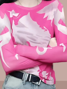 Áo Thun Cổ Tròn Dài Tay in Họa Tiết Lưới Co Giãn Cao Áo Thun Nữ Thời Trang Ôm Vừa Vặn Mùa Xuân Thu