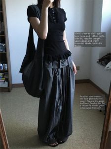 VKSOD | Korean Style Womens Black Lace Short Sleeve T-Shirt Loose High Waist Casual Long Pants Two-Piece Set Summer 2025 Collection