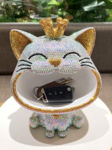 Lucky Cat Key Storage Adhesive Diamond Large Mouth Cat Decoration Living Room Entrance Tea Table Home Decor Resin Craft