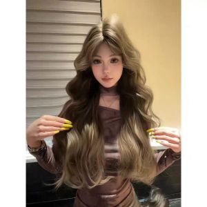 Womens Long Curl Wig Brown Woolen Natural Part Korean Style Hair Extension for Younger Looking Fashion Change Hair Accessories