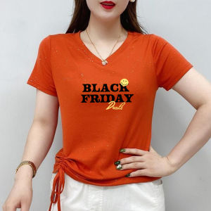 New 2025 plus Size Summer T-Shirt Womens V-Neck Short Sleeve Pure Cotton Shiny Thread Slimming Top Trendy Commute Korean Style
