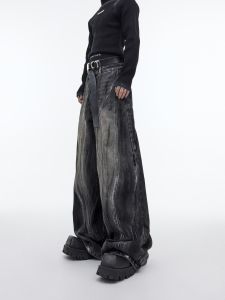 High Waist Wide Leg Vintage Distressed Hand-Painted Design Loose Fit Casual Jeans Youthful Trendy Cotton Polyester Blend