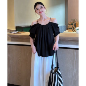 YUEZHONGWEI | French Style Off Shoulder Black Strap Short Sleeve Loose Womens Shirt Summer 2025 New Design Sensation Niche Loose Shirt Top