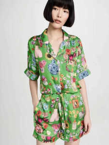 Luxurious Silk Satin Pajamas Set Womens Summer Short Sleeve Short Pants Home Clothes Vintage Bottle Print Sleepwear for Girls