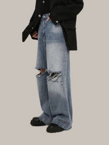 GIBBYCNA Mens Spring Autumn Loose Straight Leg Jeans High Waist Water Washed Hole Design Casual Comfortable Cotton Denim