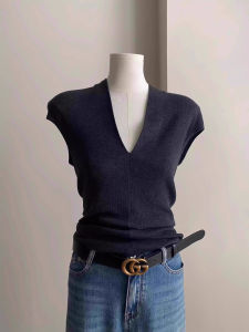 SHUQINGLAI | V-Neck Ice Silk Knit T-Shirt Slim Fit Flutter Sleeve