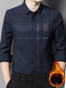 ROMON | Lormen Mens Fleece Lined Shirt Casual Autumn Winter New Business Style No Ironing Handsome Striped Workwear Shirt Jacket Male