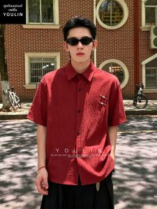 YOULIN | Red Chinese Style Icy Silk Short Sleeve Mens Shirt Bark Texture