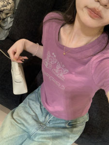 Romantic Angel Versatile Short Sleeve Slim Fit Short T-Shirt Women Summer Cotton round Neck Thin Cotton Top for Commuting