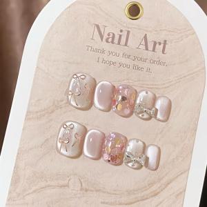 Handmade Butterfly Knot Flashing Cat Eye Wearable Nail Art Patch Short Nail Pure Hand Drawing White Enhancing Pink Crystal Nails