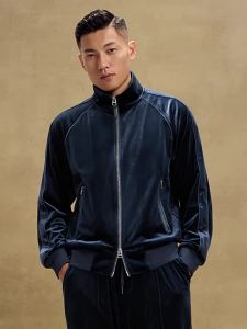 Velvet Autumn Winter Stand Collar Zip Blue Loose Long Sleeve Casual Sporty Jacket