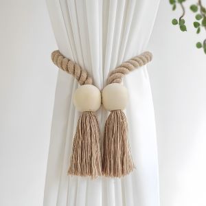 Hand-woven solid wood magnetic knot curtain tiebacks with Boho style suitable for living room and bedroom home decoration.