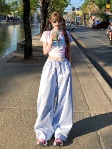 Light Blue Low Waist Striped Wide Leg Casual Pants Womens Summer Thin Loose Lazy Style Quick Dry Sports Trousers