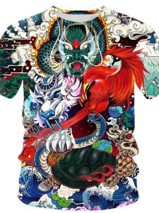 3D Dragon Totem Mens Short Sleeve T-shirt Breathable Loose Fit round Neck Casual T-Shirt Youth Fashion Spring Summer Top