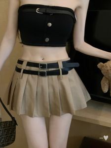GUZILIAN | Summer High Waist Pleated Short Skirt Womens Double Belt Anti-Light Design Versatile Slimming Half-length A-line Skirt