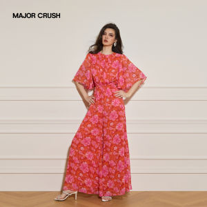 Printed Vacation Style Waist-Cinching Wide Leg Jumpsuit