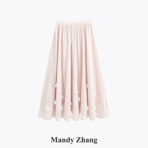 Elegant A-Line High Waist Lace-Paneled Tencel Acetate Half Skirt