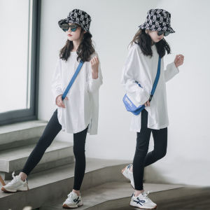 Girls Casual White T-Shirt Autumn Fashion Middle-Length Loose Base Shirt Korean Style Versatile Childrens Wear Cotton Sweatshirt