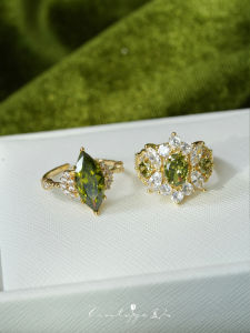 Vintage Beauty Luowell Cathedral French Court Style Ring with Open Wavelet Pattern Retro Luxury High Shiny Olive Green Ring for Women