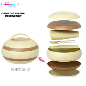 (17PCS) Portable Plastic Reusable Cutlery SetCamping Picnic Dishes Set Outdoor Essential Plate and Cup Brown & Beige Durable Easy to Use