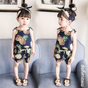 ชุดเด็กผู้หญิงผ้าไหมคอตตอนลายดอกไม้ฤดูร้อน ชุดสองชิ้น ชุดเด็กผู้หญิงสไตล์เกาหลี ชุดเด็กผู้หญิง ชุดเด็กผู้หญิง