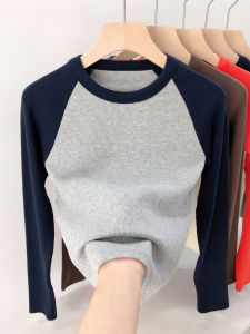 Áo Thun Cotton Dài Tay Ôm Vừa Vặn Cho Nữ Mùa Xuân Thu Phong Cách Mới Màu Sắc Chắp Vá Cổ Tròn Tay Lửng Áo Lót Bên Trong