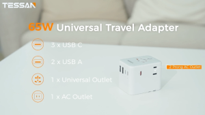 TESSAN Universal Travel Adapter 65W Fast Charging International Plug Adaptor with USB C & Extra 2 Prong AC Outlet