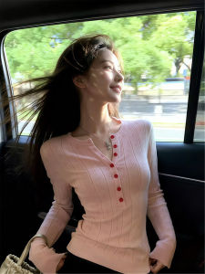 Korean Style Sweet Pink V-Neck Long Sleeve Knitwear Women