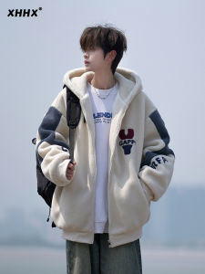 Lamb Fur Jacket Men Winter Cotton Padded Thick Warm Hooded Coat Trendy American Style Youth Casual Long Sleeve Zipper Closure