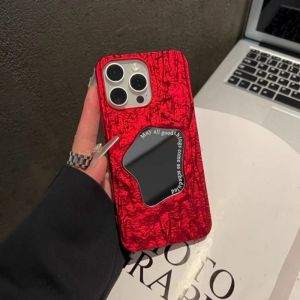  15 pro Max New Year Red Rock Pattern Mirror Surface Protective Case Womens Style with Selfie Mirror Anti-Fall Silicone Shell